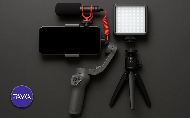 Required tools such as gimbal, microphone and lighting for making movies and videos with mobile